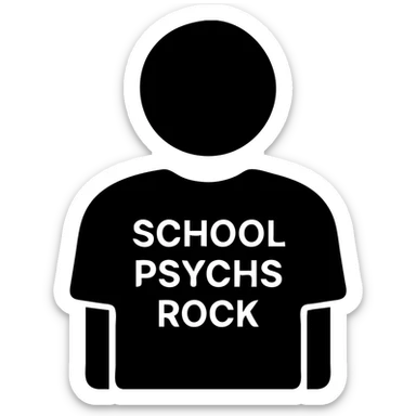 icon-style illustration of a person wearing a t-shirt that says 'school psychs rock', simple and bold, clear text, minimal details, modern icon aesthetic sticker