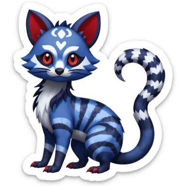Rare warm-colored exotic gloomy tropical edgy cute epic aesthetic spooky indigo purple white black red gothic colorful Salandit-Furret-Espurr-Meowstic-Civet-species-Fakemon-hybrid-creature, with tribal tattoo markings, full body sticker