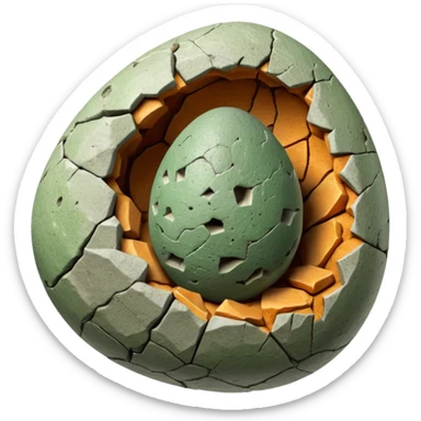 3D render of Dino Egg, embedded in a chunk of rough sedimentary rock, cracked stone texture, ancient fossil aesthetic, speckled greenish-grey stone egg with a crack, matte dry finish, Apple emoji style, isolated on white background --v 6.0. sticker