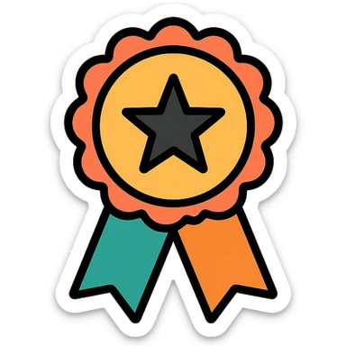 vector icon of a gold performance badge emblem with subtle colorful accents, elegant minimalist flat design, award badge style, 2D flat vector, trending icon look, soft shadows, no text, commercial use, isolated on white background sticker