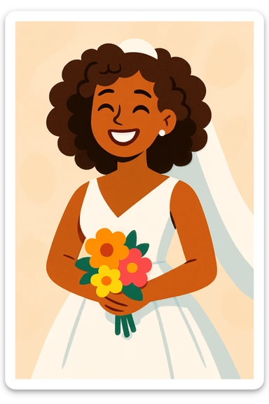 bride with curly hair, elegant wedding dress, smiling, soft background, modern illustration style sticker