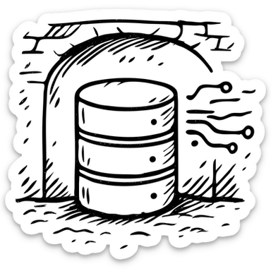 hand drawn outlined icon of stacked database cylinders in a basement or underground setting with abstract data streams, worn and distressed effect, detailed icon sticker