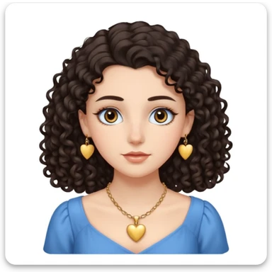 white girl, dark curly hair, big brown eyes, oval face, straight nose, full lips, soft eyebrows, wearing a delicate blue dress, a golden heart necklace, long eyelashes  sticker