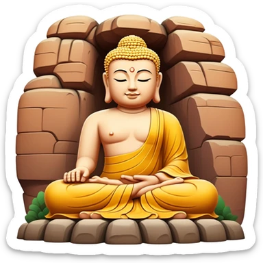 Leshan Giant Buddha massive stone statue, simplified emoji style with bold outlines and bright colors, cartoon style sitting Buddha carved in cliff sticker