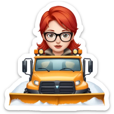lady with red hair and glasses driving a big Snowplow sticker