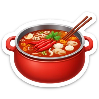 Chongqing hotpot with red spicy broth and ingredients, simplified emoji style with bold outlines and bright colors, cartoon style Chinese hot pot sticker