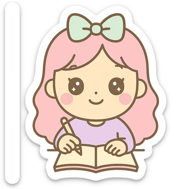 Make the girl do her homework, same kawaii chibi anime style, flat pastel colors, thick outlines, simple cute features, transparent background. sticker