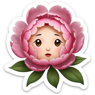 pink peony flower with a round body, blushing cheeks, nervous expression sticker