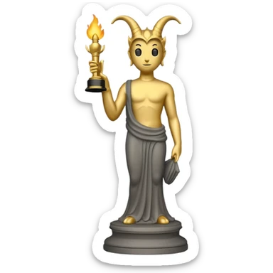 Minimalist emoji-style sticker of a full-body Oscar-like statue in matte gray-gold, with small horns  and faint flames at the base, all in black and muted hues sticker