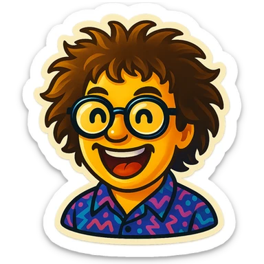 Create an emoji based on this person's appearance, focusing on the wild hair, glasses, and patterned shirt. Use a fun, expressive style suitable for emoji, in a retro stickers style. sticker