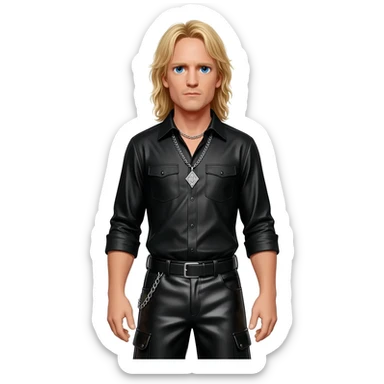 James Hetfield with blue eyes, long blonde hair, black metallic shirt, black metallic baggy pants, silver necklace sticker