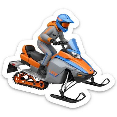 red Lynx brand snowmoble wheelies. driver with gray clothes and black/orange / blue helmet sticker