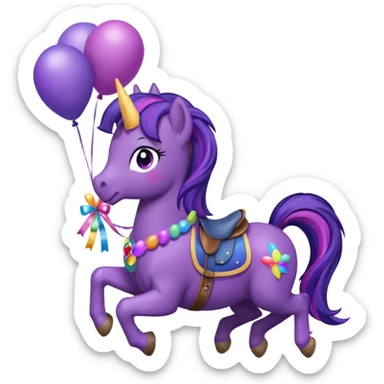 twillight sparkle mlp holding colorful balloons tied to its saddle, looking cheerful. sticker