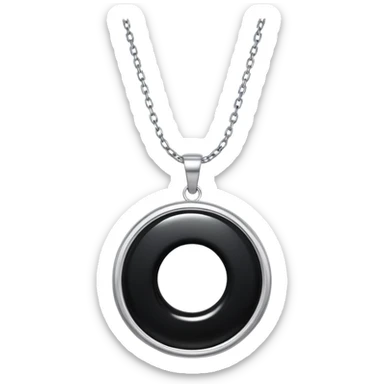onyx pendant with mirror-like surface, suspended from a shimmering silver chain, radiating quiet magic sticker