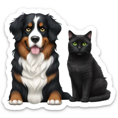 Bernese mountain dog sitting next to a long haired black cat with green eyes sticker