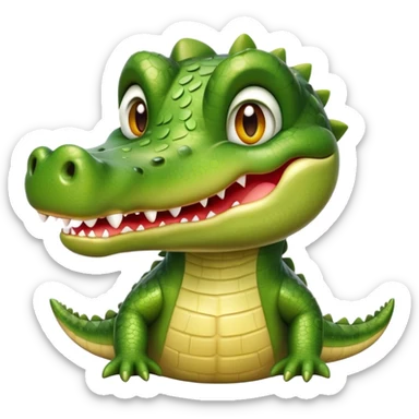 Cinematic Realistic Cute Crocodile Portrait Emoji, Head tilted playfully and inquisitively, featuring a robust, well-defined build with intricately detailed, glossy olive-green scales and a surprisingly endearing face with round, sparkling eyes full of unexpected charm, rendered with lifelike texture and natural highlights, high shine, affectionate and spirited, styled with a touch of wild whimsy, soft glowing outline, capturing the essence of a mischievous yet lovable crocodile that seems poised to snap playfully out of the screen into your arms! sticker