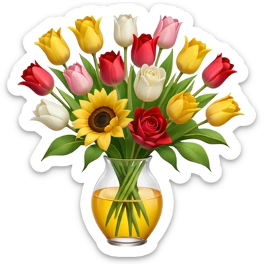 A mix bouquet of red, yellow and white roses, Sunflowers and white and pink Tulips sticker