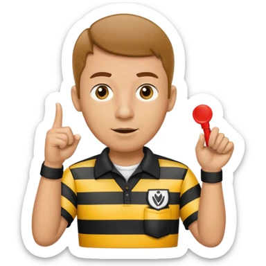 A calm referee with striped shirt, pointing clearly toward the field wearing whistle  sticker