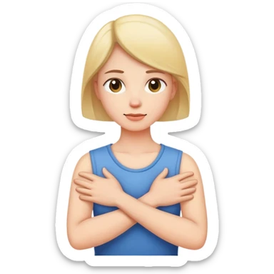 Person with arms crossed holding hands around neck sticker