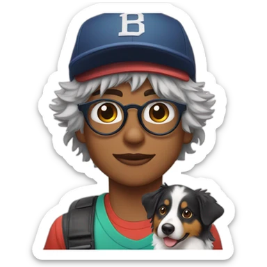 Hipster looking boy with large wire frame glasses and a baseball cap on next to a Australian Shepard tri color sticker