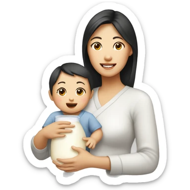 An Asian woman gives her baby milk sticker