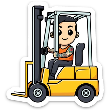 Biker dude with face tattoo on forklift forks sticker
