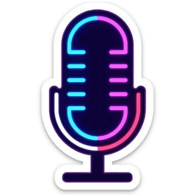 desktop studio microphone in profile view with neon glow effect, blue and purple neon glow on top left, pink neon glow on bottom right sticker