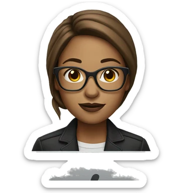 woman with fair skin long brown hair square glasses on laptop sticker