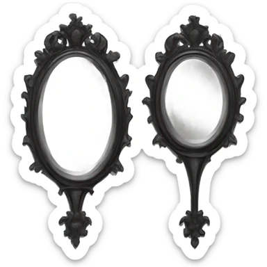 "A Victorian-era Gothic mirror with a black frame, gray-tinted glass, and a red ruby accent."
 sticker