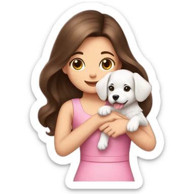 girl brunette hold on the hand small white puppy which dressed in pink dress sticker