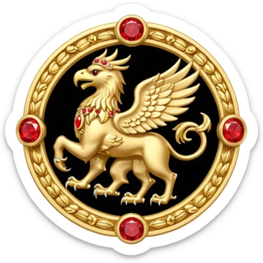 Golden griffin crest / brosch in a circle with red gems and no background sticker