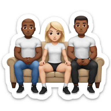 White girl sitting criss cross on couch with five muscular black men in white tshirts around her sticker