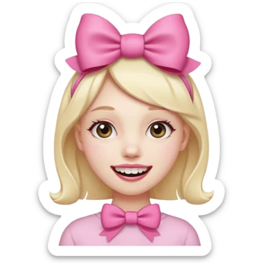 smiling emoji with a pink bow on head and hand placed on the teeth sticker