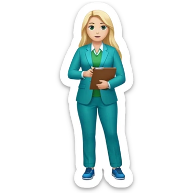 Full Body white plus size female basketball head coach using a clipboard with long blonde hair in a blue and green suit sticker