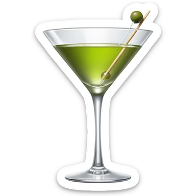 empty martini glass with just a hint of colorless liquid, showing mostly glass with very minimal liquid representation, single green olive on toothpick sticker