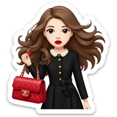 White girl with brown long hair dressed up in black chanel tweed dress with a red chanel bag and red lipstick. Close up shot with wind blowing her hair looking fancy sticker