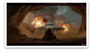 cinematic still, documentary photography, acient egypt, back shot of a man dress in ancient clothes in cave (frame in frame effect) on ground laying front of small ufo starship, explosions, palms, dynamic scane, leading lines, captured by arri alexa, depth layers, piramids in babckground sticker