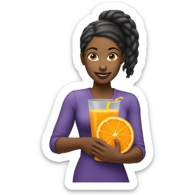 Black woman with pony tail holding an orange juice and a cookie sticker