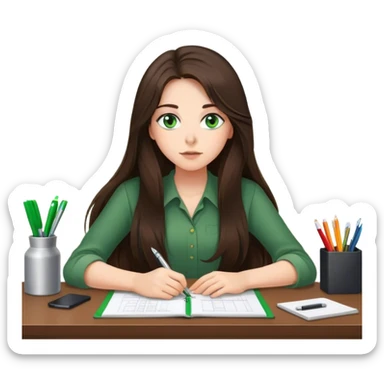 long haired brunette girl with green eyes working at a desk with wall clock displaying 6pm sticker