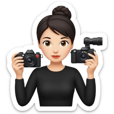 middle aged woman photographer with dark hair in a bun, wearing black clothes sticker