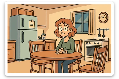 kitchen room with refrigerator, table, and chairs in a cozy cartoon style sticker