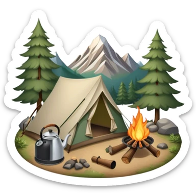 Icon for Hiking: a tent, and a kettle over a campfire, surrounded by trees and a mountain trail, a backpack, a walking stick. The icon should capture the adventure and warmth of camping. Transparent background. sticker