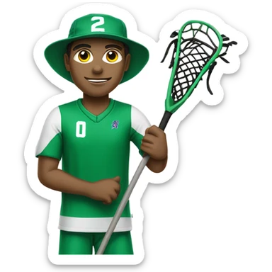 No glasses and mountain in Jersey coach with Green and white clothing hat with  lacrosse coach with stick  sticker