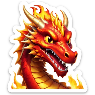 Cinematic Comical Fierce Fire Dragon Portrait Emoji, Head tilted dramatically with an exaggeratedly amused expression, featuring a striking, flame-draped body with bold, blazing scales in intense red and molten gold, and eyes twinkling with fiery mischief; rendered with vivid, lifelike textures and dynamic, flickering shadows, high shine, dramatic yet playful, styled with an air of cheeky volcanic mischief, soft glowing outline, capturing the essence of a spirited and over‐the‐top inferno that looks ready to burst into a cascade of playful embers! sticker
