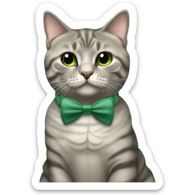 Aesthetic fat grey tabby British short hair full body cat with sage green bow tie sticker