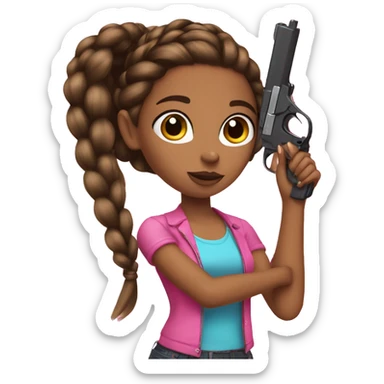 Braid hair brown Girl hand pink nails holding pink gun sticker