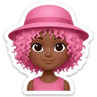 Make a brown girl and make her have pink curly hair and a pink hat sticker