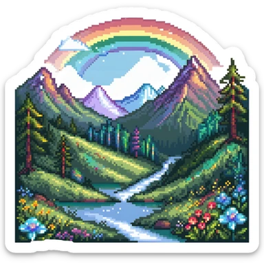 Enchanted meadow with rainbow and crystal mountains sticker