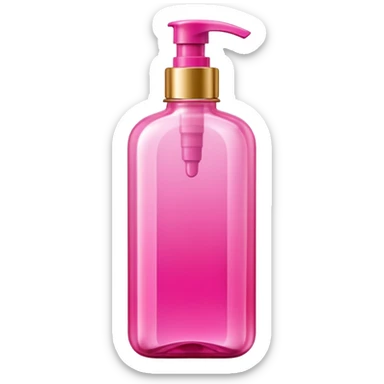 A tall, translucent bottle in a vibrant pink shade with a glossy finish. It has a rectangular shape with rounded edges and a thick base. The pump-style cap is metallic pink. In the center, there are curved graphic elements and vertical lines, with text in white and gold. sticker