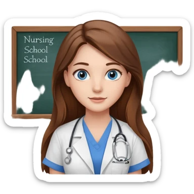 university classroom that says nursing school on the blackboard with a pretty female nursing student with long brown hair, blue eyes sticker